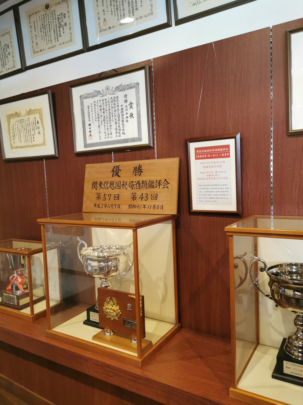 関東信越国税局酒類鑑評会の「優勝」の額とトロフィー